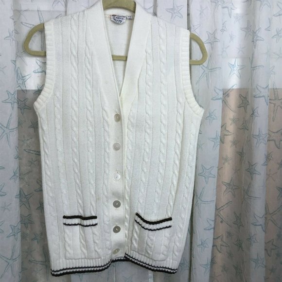 Vintage Cable Knit Vest Button Front White Pockets size M Brown Trim - Picture 1 of 6